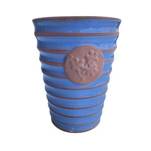 Vintage Blue Ceramic‎ Ribbed Planter Pot Terracotta Trim Floral Detail